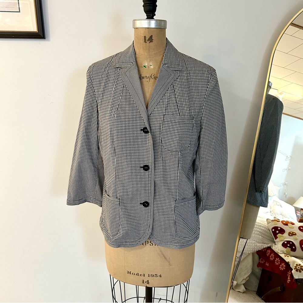 Talbots Black & White Check Cotton Stretch Unlined Blazer Jacket Sz 14 EUC